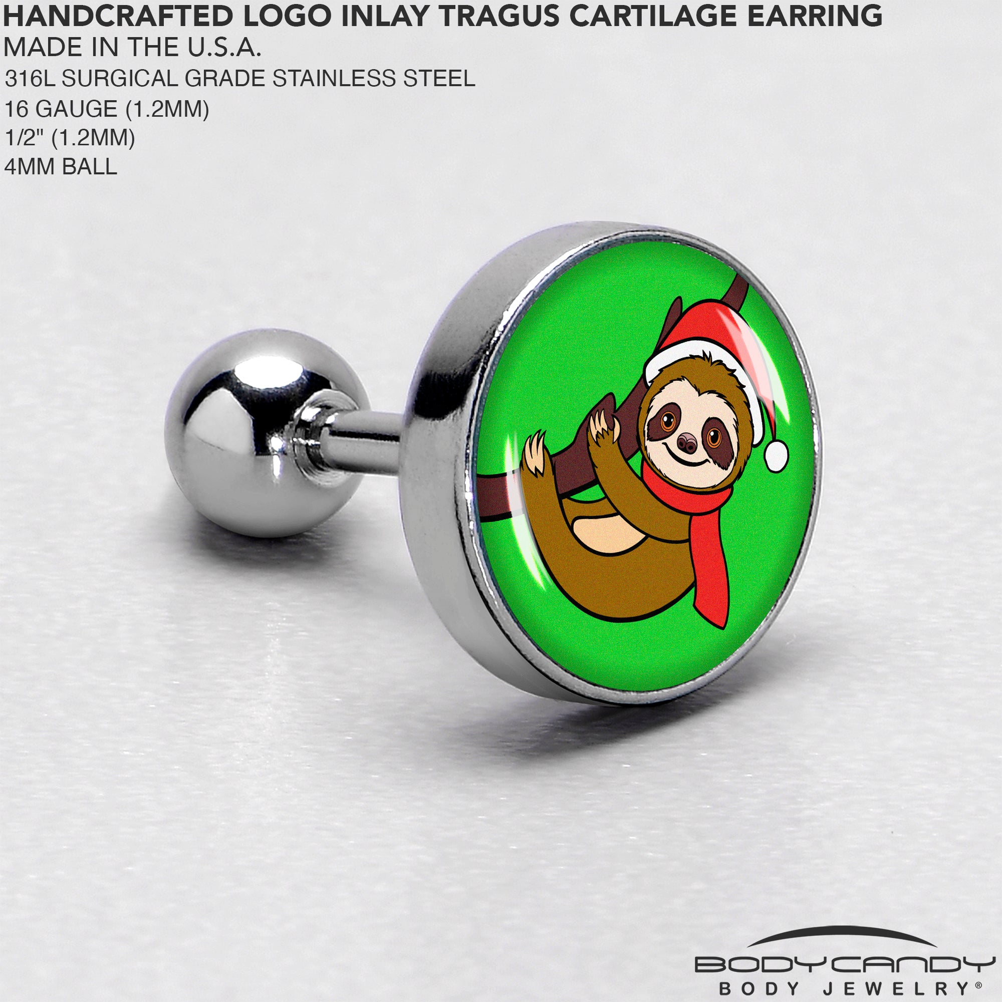 16G 1/4 Santa Sloth Tragus Cartilage Earring by Onyx O