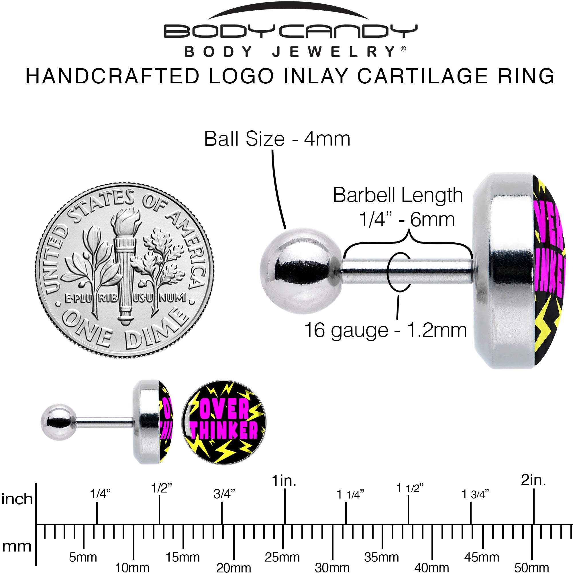 16G 1/4 Over Thinker Impact Tragus Cartilage Earring by Onyx O