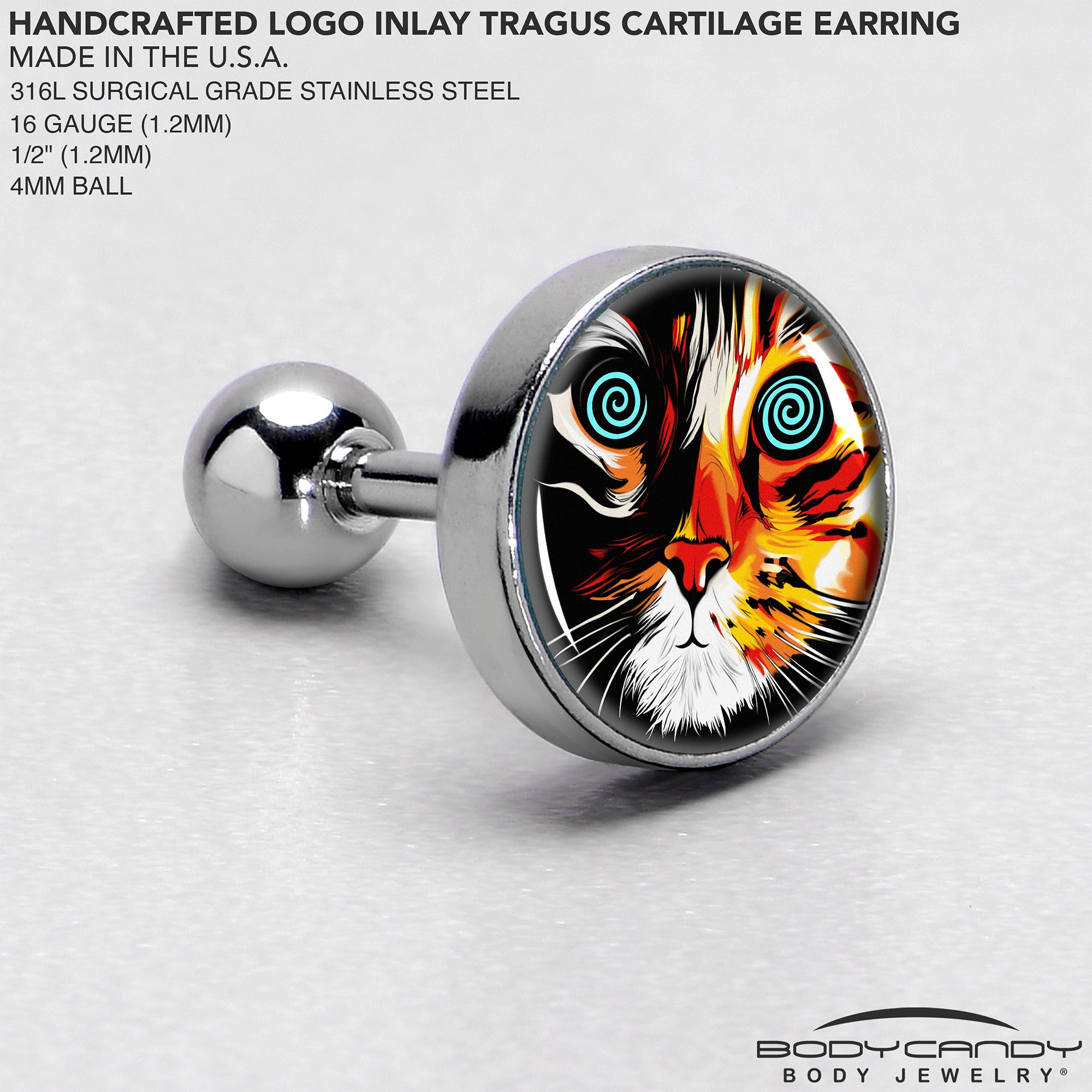 16G 1/4 Colorful Trippy Cat Cartilage Tragus Earring by Onyx O