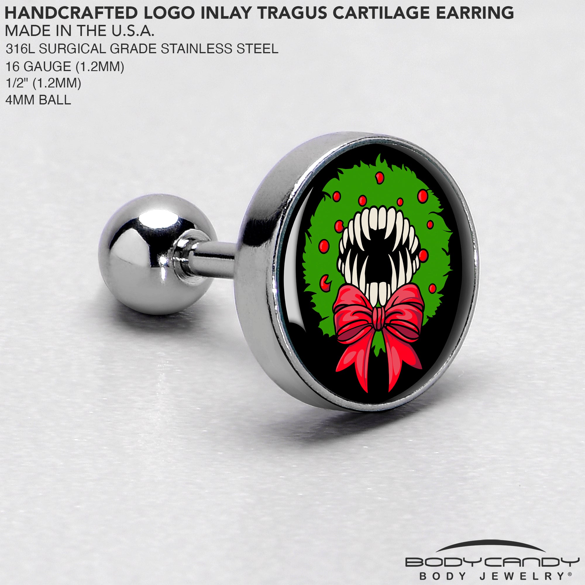 16G 1/4 Holiday Vampire Wreath Tragus Cartilage Earring by Onyx O