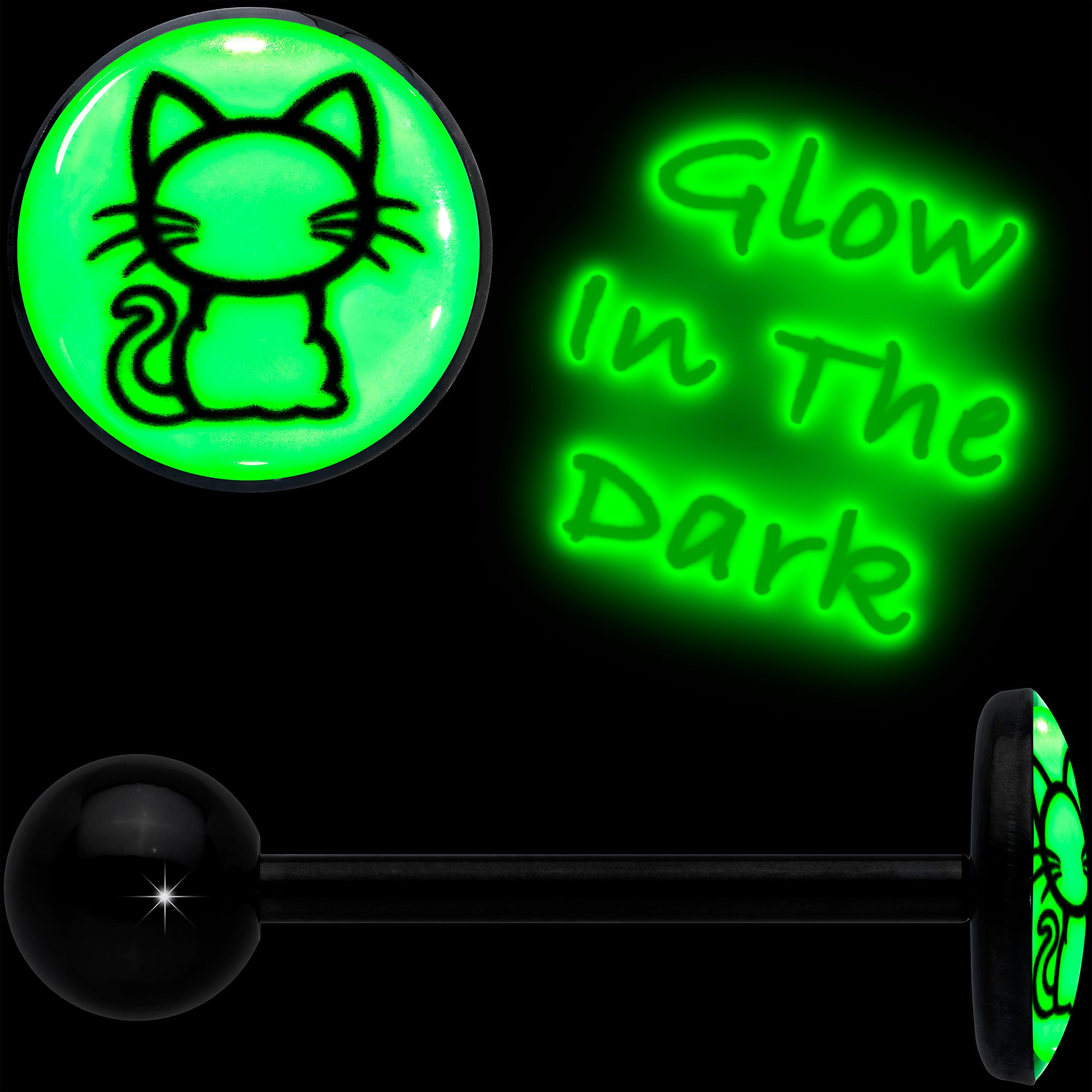 Glow in the Dark Black Anodized Kitty Cat Barbell Tongue Ring by Onyx O