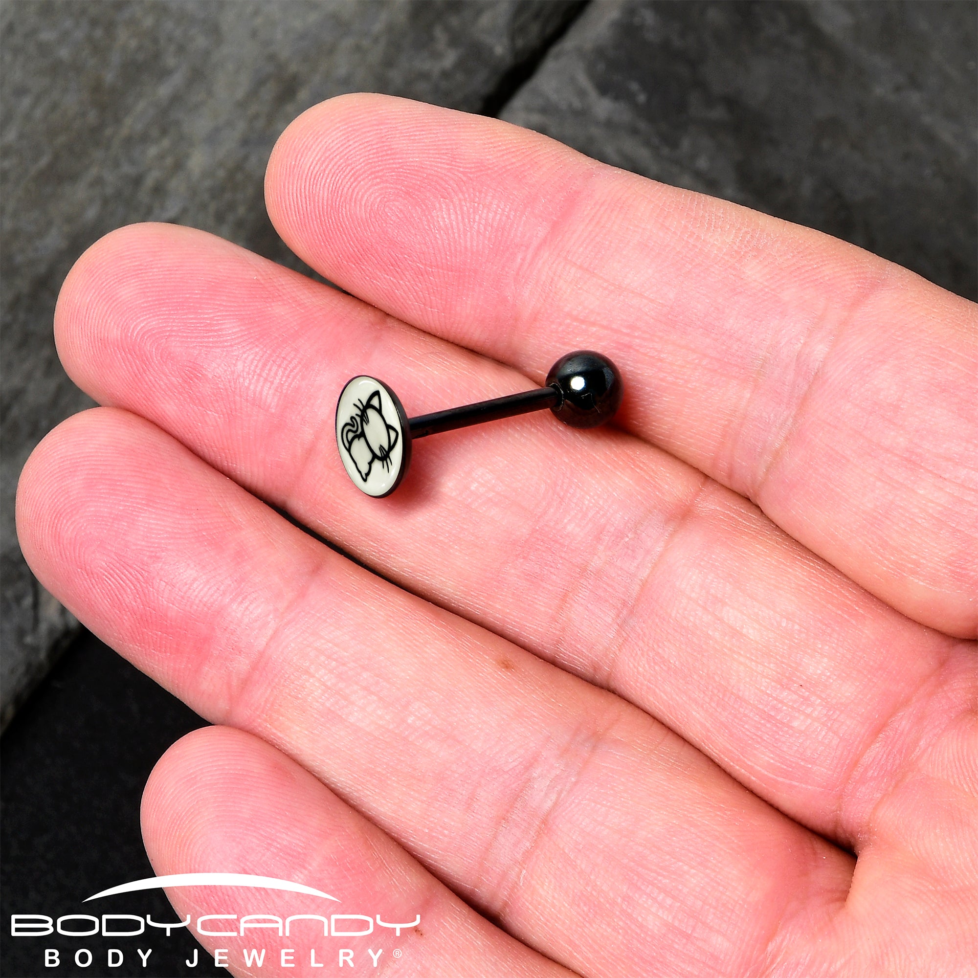 Glow in the Dark Black Anodized Kitty Cat Barbell Tongue Ring