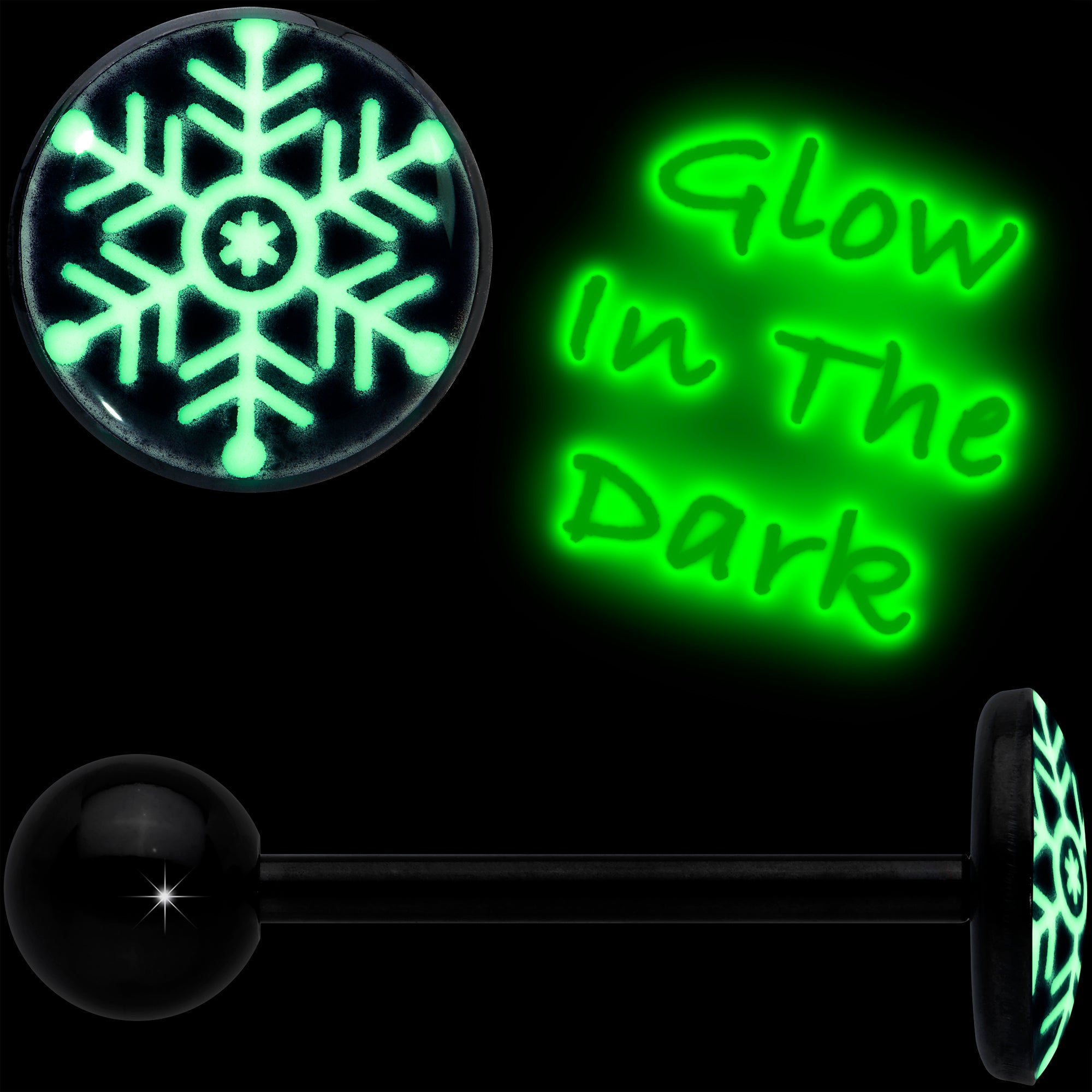 Black Glow in the Dark Holiday Snowflake Tongue Ring by Onyx O