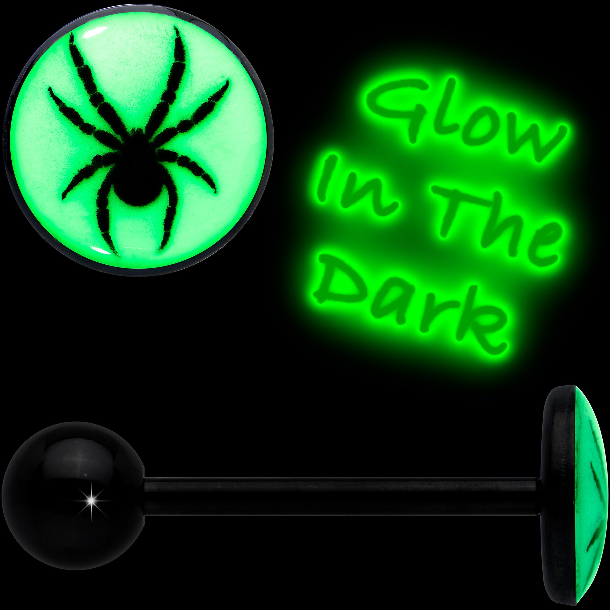 Glow in the Dark Black Anodized Black Widow Spider Barbell Tongue Ring