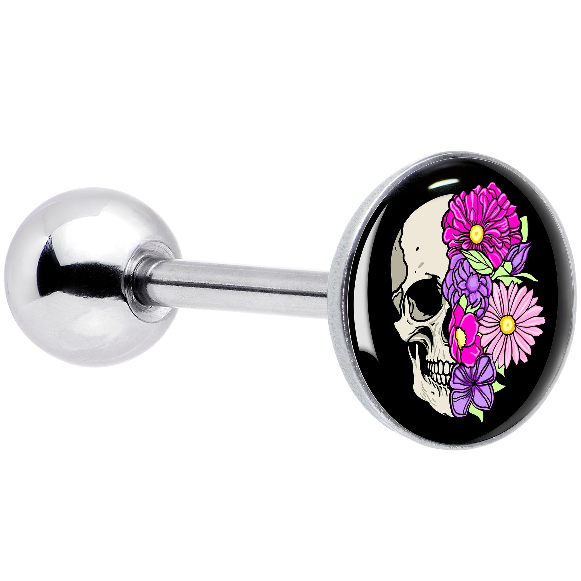 Floral Flowers Skull Barbell Tongue Ring