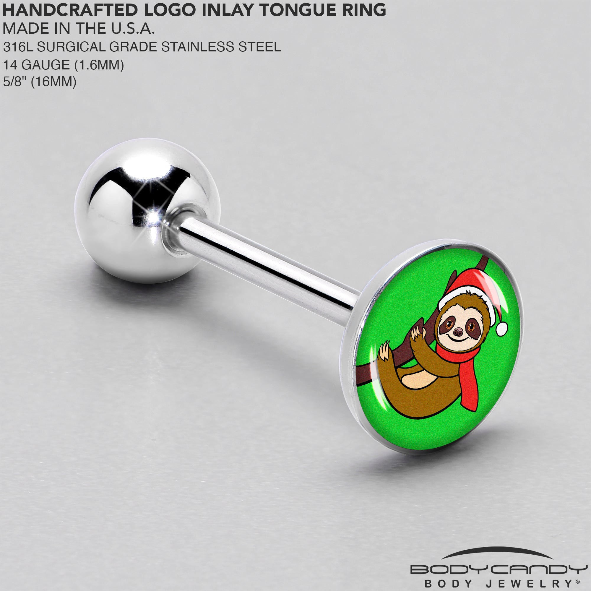 Santa Sloth Holiday Barbell Tongue Ring by Onyx O