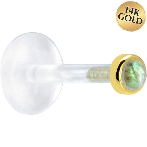 16 Gauge 5/16 Solid 14KT Yellow Gold 2mm Genuine Labradorite Bioplast Tragus Earring Stud