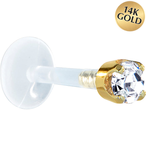 16 Gauge 5/16 Solid 14KT Yellow Gold 3mm Clear Cubic Zirconia Bioplast Tragus Earring Stud