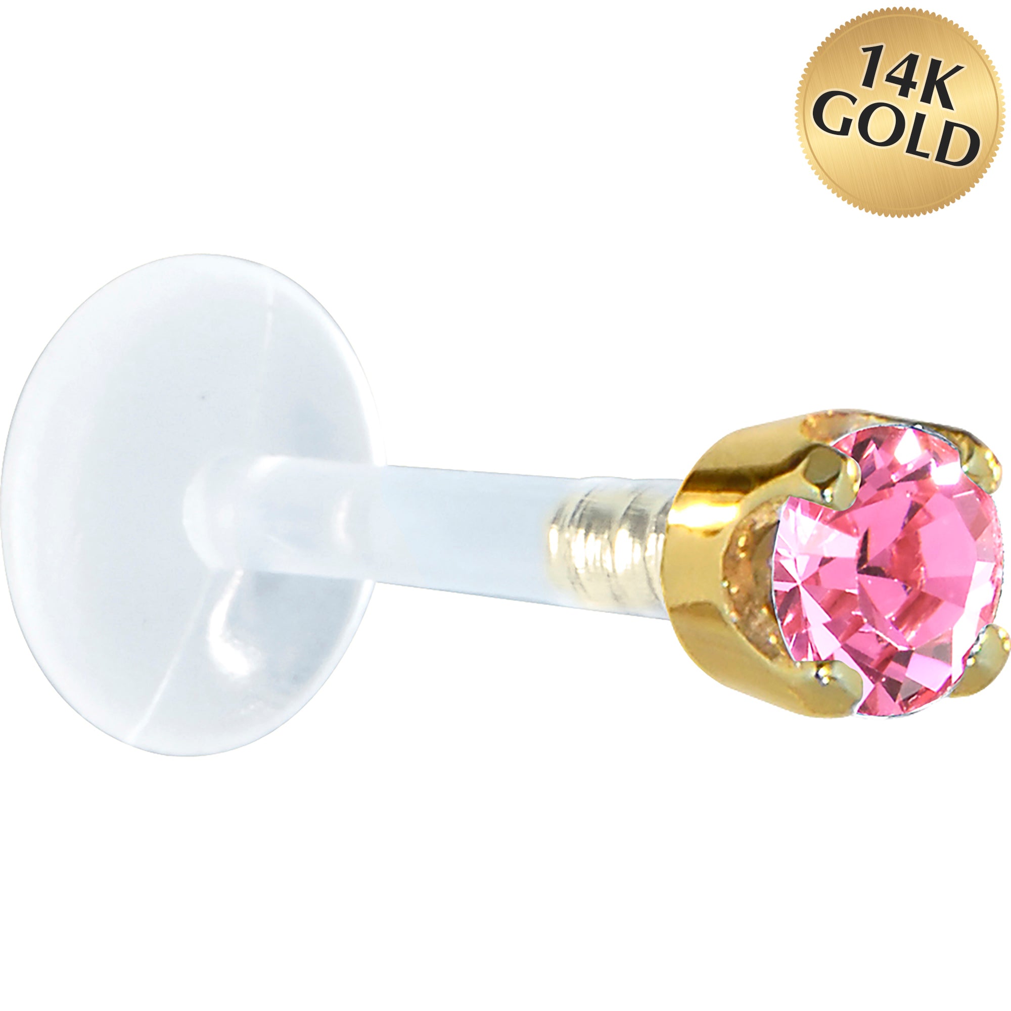 16G 5/16 Solid 14K Yellow Gold 3mm Pink Cubic Zirconia Bioplast Tragus Earring Stud