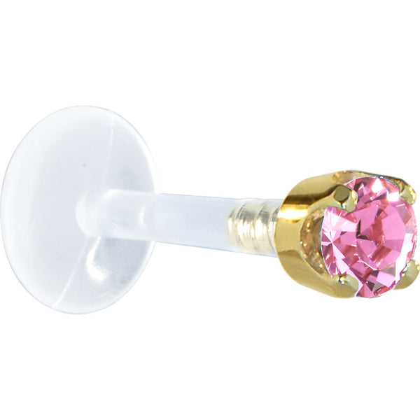 16 Gauge 5/16 Solid 14KT Yellow Gold 3mm Pink Cubic Zirconia Bioplast Tragus Earring Stud