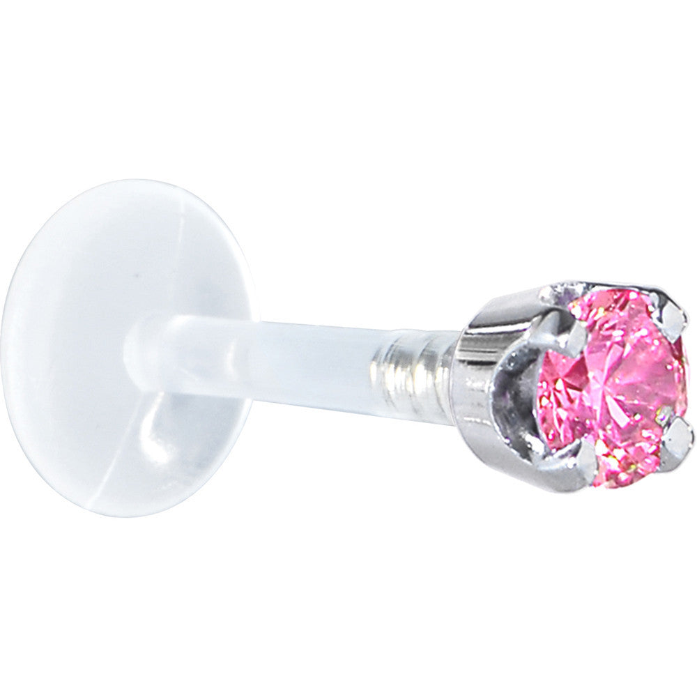 16 Gauge 5/16 Solid 14KT White Gold 3mm Pink Cubic Zirconia Bioplast Tragus Earring Stud