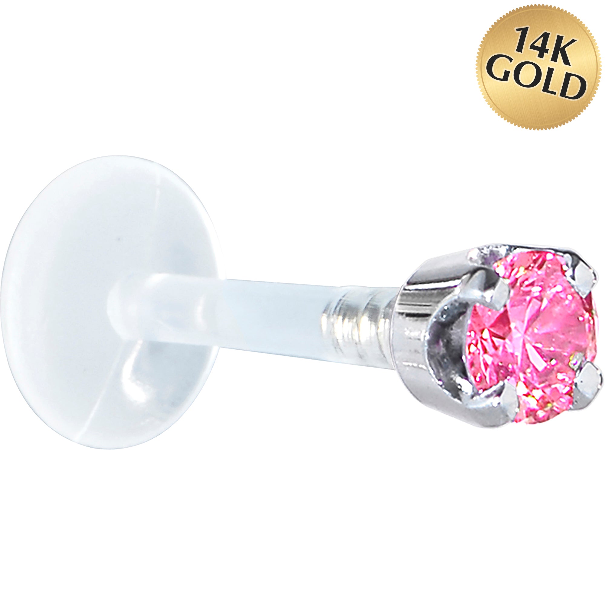 16 Gauge 5/16 Solid 14KT White Gold 3mm Pink Cubic Zirconia Bioplast Tragus Earring Stud