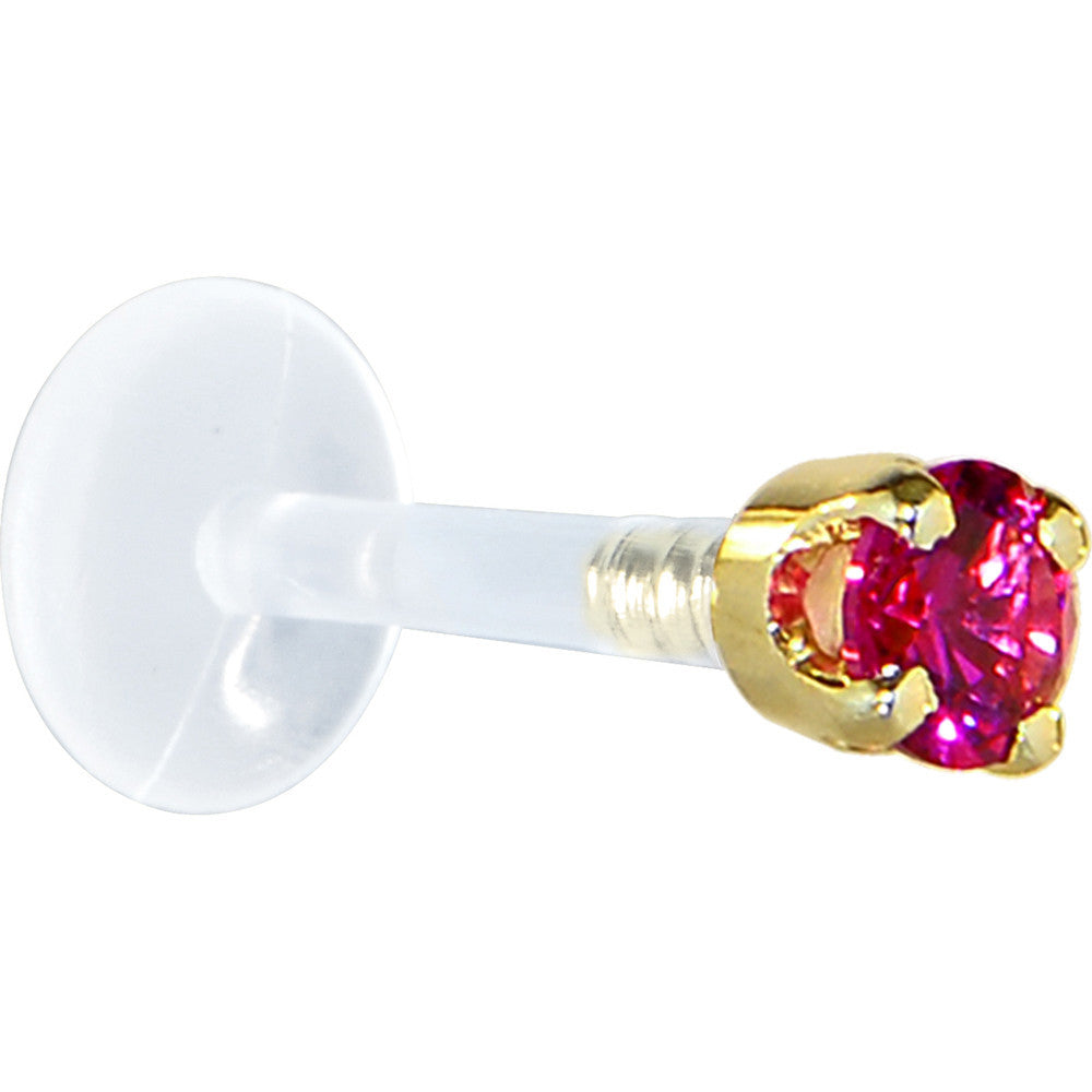 16 Gauge 5/16 Solid 14KT Yellow Gold 3mm Red Cubic Zirconia Bioplast Tragus Earring Stud