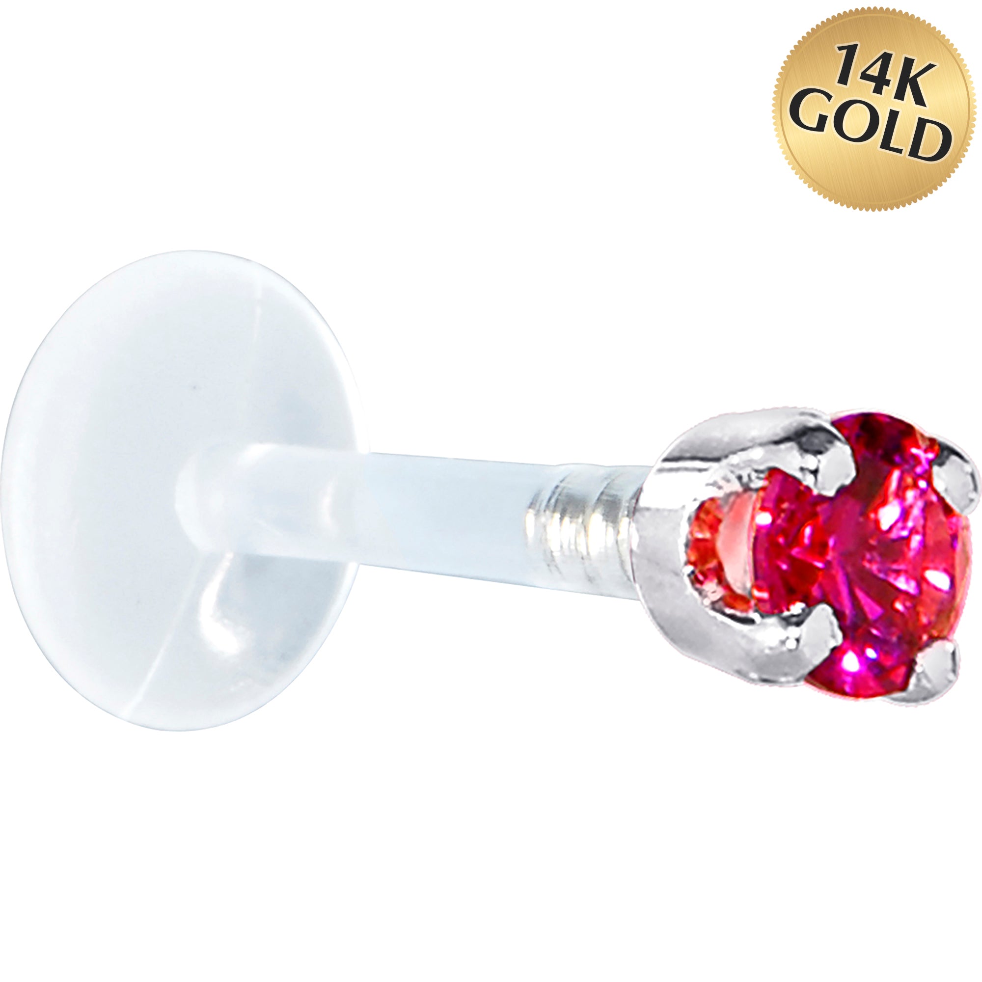 16G 5/16 Solid 14K White Gold 3mm Red Cubic Zirconia Bioplast Tragus Earring Stud