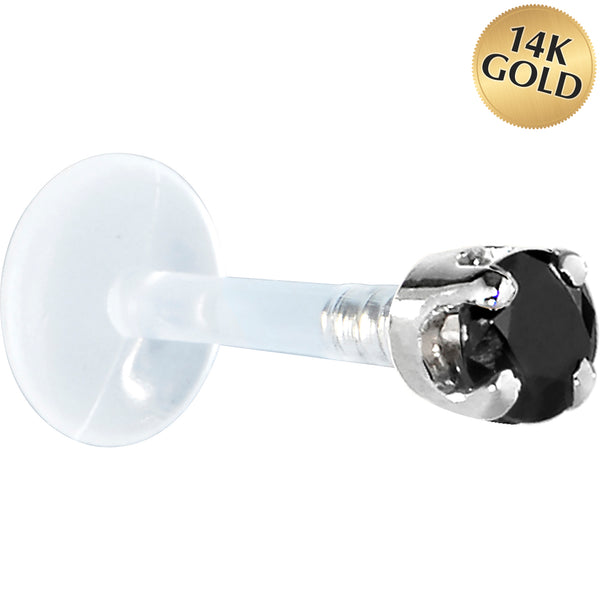 16 Gauge 5/16 Solid 14KT White Gold 3mm Black Cubic Zirconia Bioplast Tragus Earring Stud