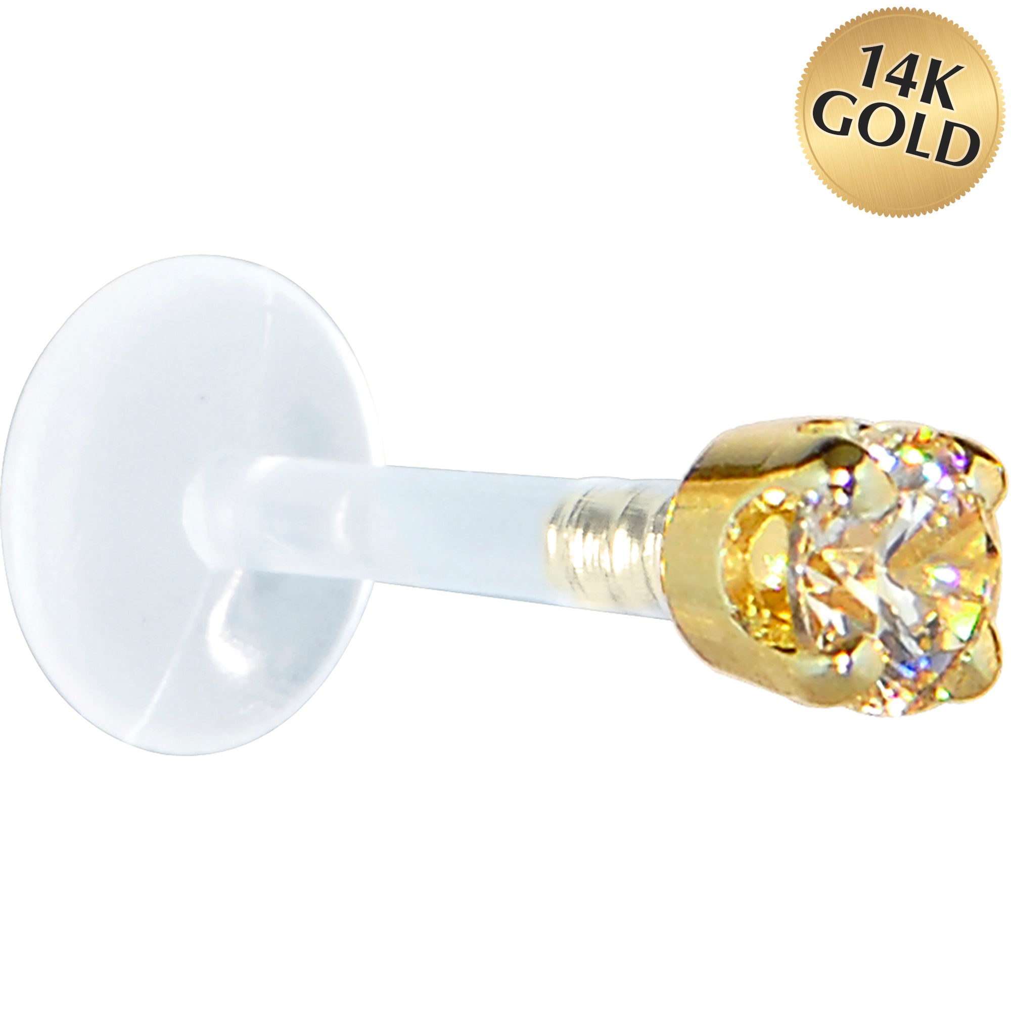 16 Gauge 5/16 Solid 14KT Yellow Gold 3mm Champagne Cubic Zirconia Bioplast Tragus Earring Stud
