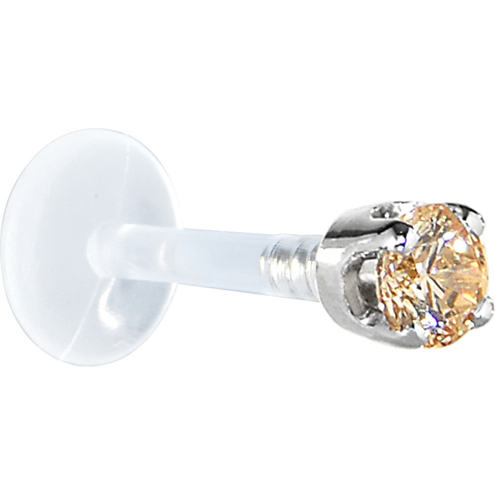 16 Gauge 5/16 Solid 14KT White Gold 3mm Champagne Cubic Zirconia Bioplast Tragus Earring Stud