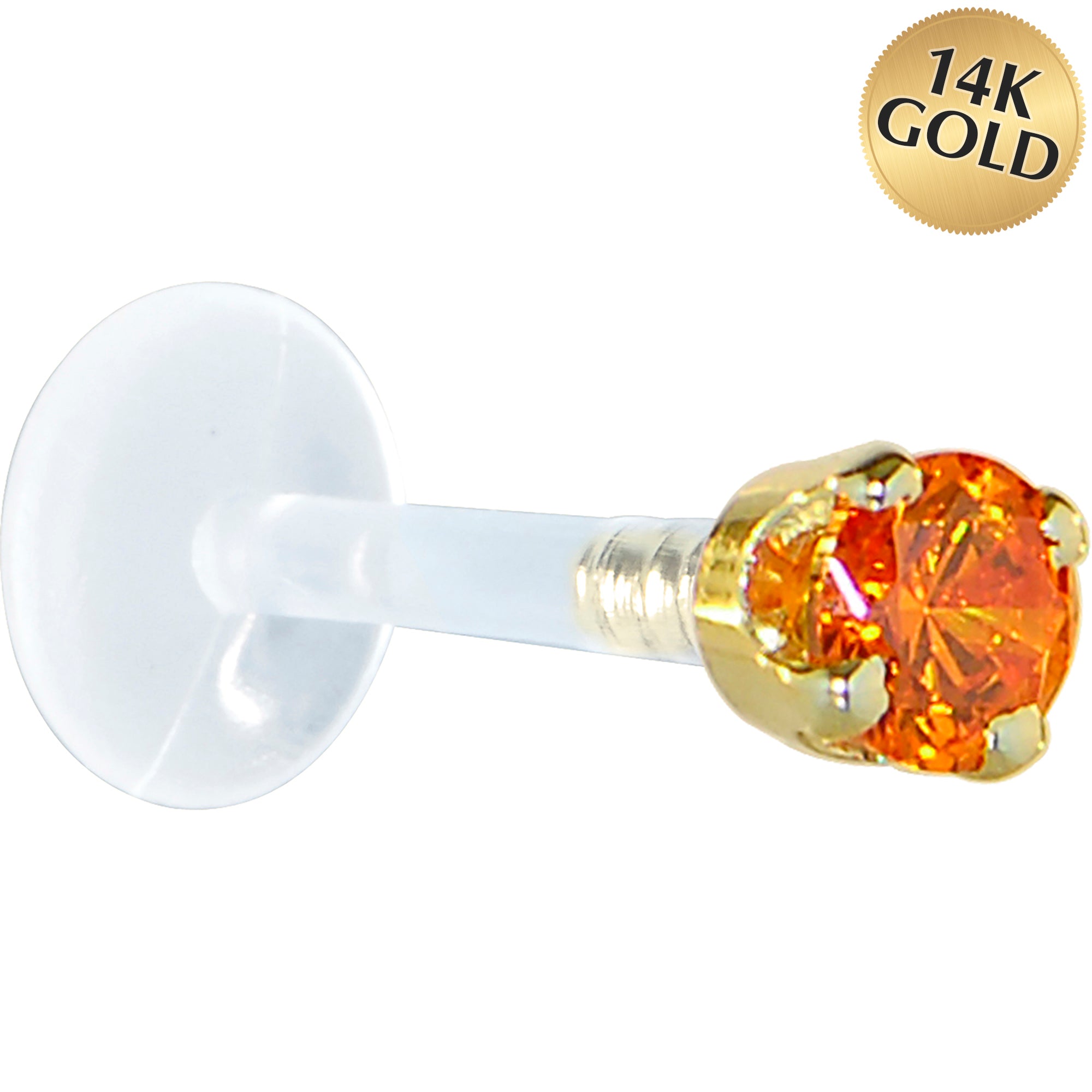 16 Gauge 5/16 Solid 14KT Yellow Gold 3mm Orange Cubic Zirconia Bioplast Tragus Earring Stud