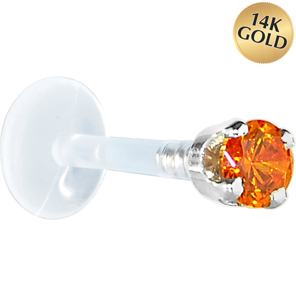16 Gauge 5/16 Solid 14KT White Gold 3mm Orange Cubic Zirconia Bioplast Tragus Earring Stud