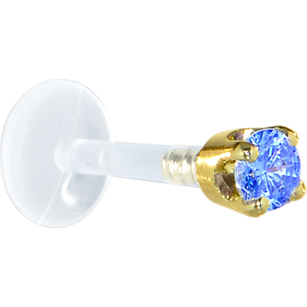 16 Gauge 5/16 Solid 14KT Yellow Gold 3mm Arctic Blue Cubic Zirconia Bioplast Tragus Earring Stud