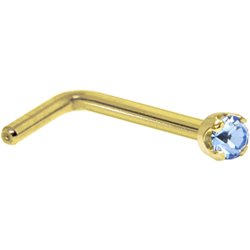 14KT Yellow Gold Nose Ring with Light Blue Cubic Zirconia 20 Gauge