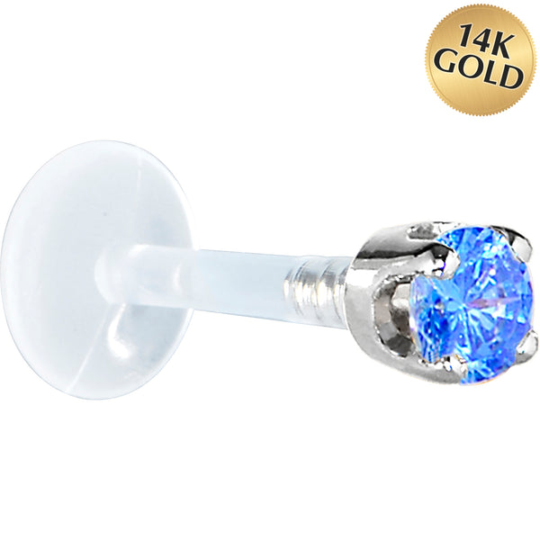 16 Gauge 5/16 Solid 14KT White Gold 3mm Arctic Blue Cubic Zirconia Bioplast Tragus Earring Stud