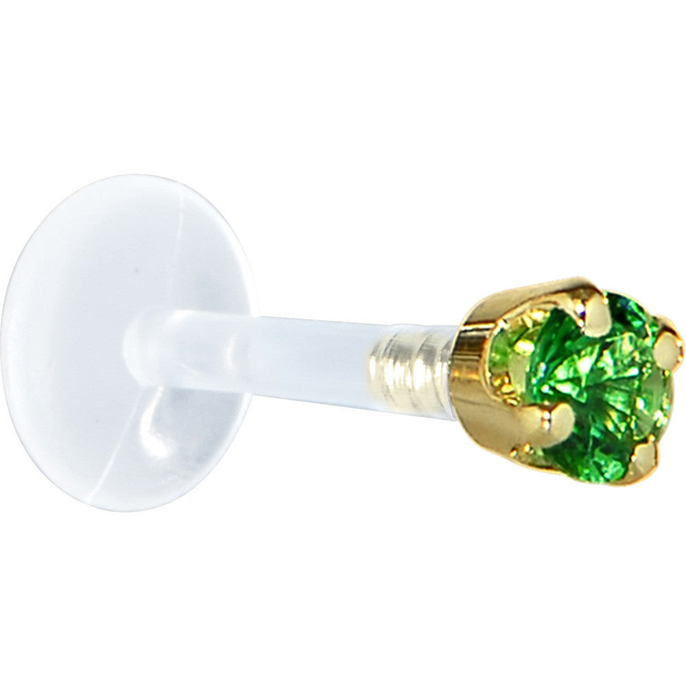 16G 5/16 Solid 14K Yellow Gold 3mm Green Cubic Zirconia Bioplast Tragus Earring Stud