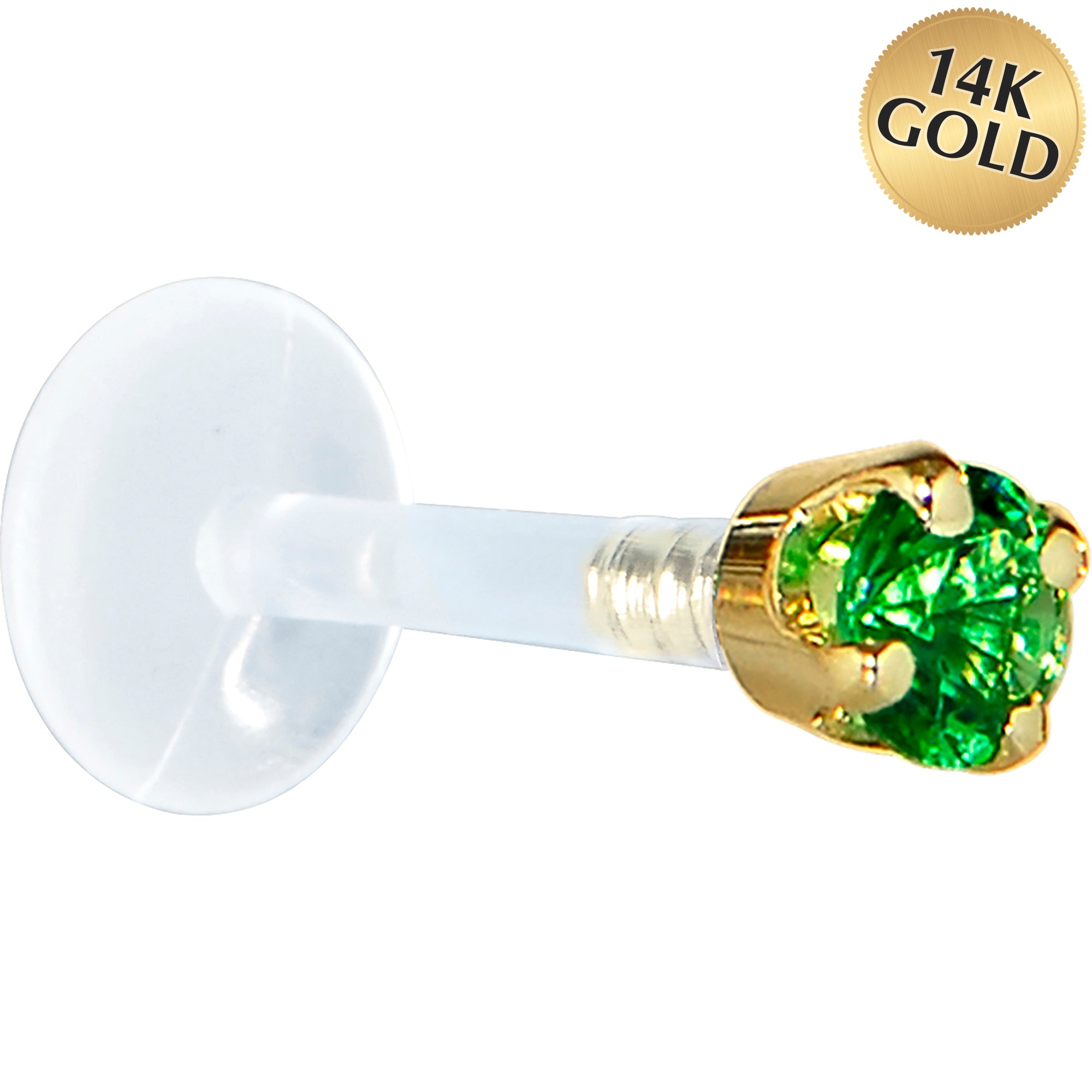 16 Gauge 5/16 Solid 14KT Yellow Gold 3mm Green Cubic Zirconia Bioplast Tragus Earring Stud