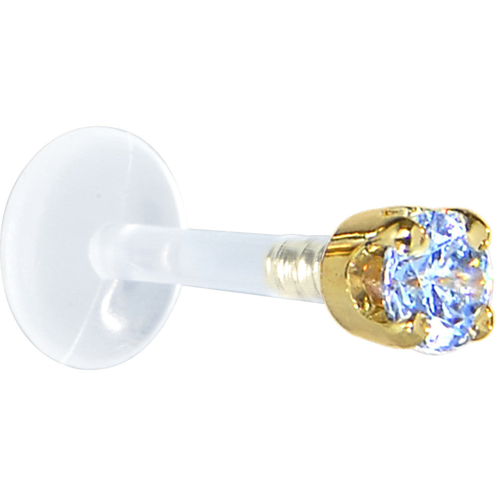 16G 5/16 Solid 14K Yellow Gold 3mm Plexi Blue Cubic Zirconia Bioplast Tragus Earring Stud