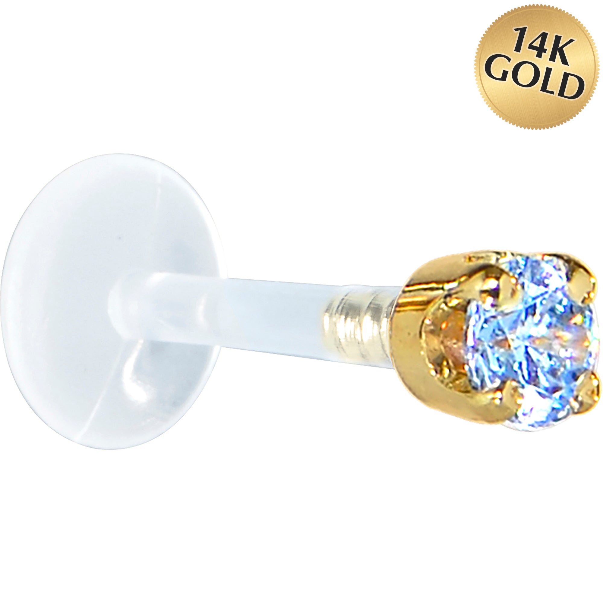 16G 5/16 Solid 14K Yellow Gold 3mm Plexi Blue Cubic Zirconia Bioplast Tragus Earring Stud