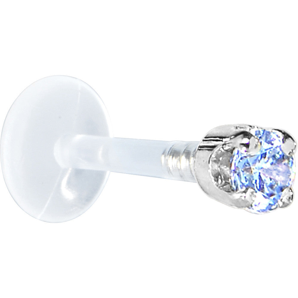 16 Gauge 5/16 Solid 14KT White Gold 3mm Plexi Blue Cubic Zirconia Bioplast Tragus Earring Stud