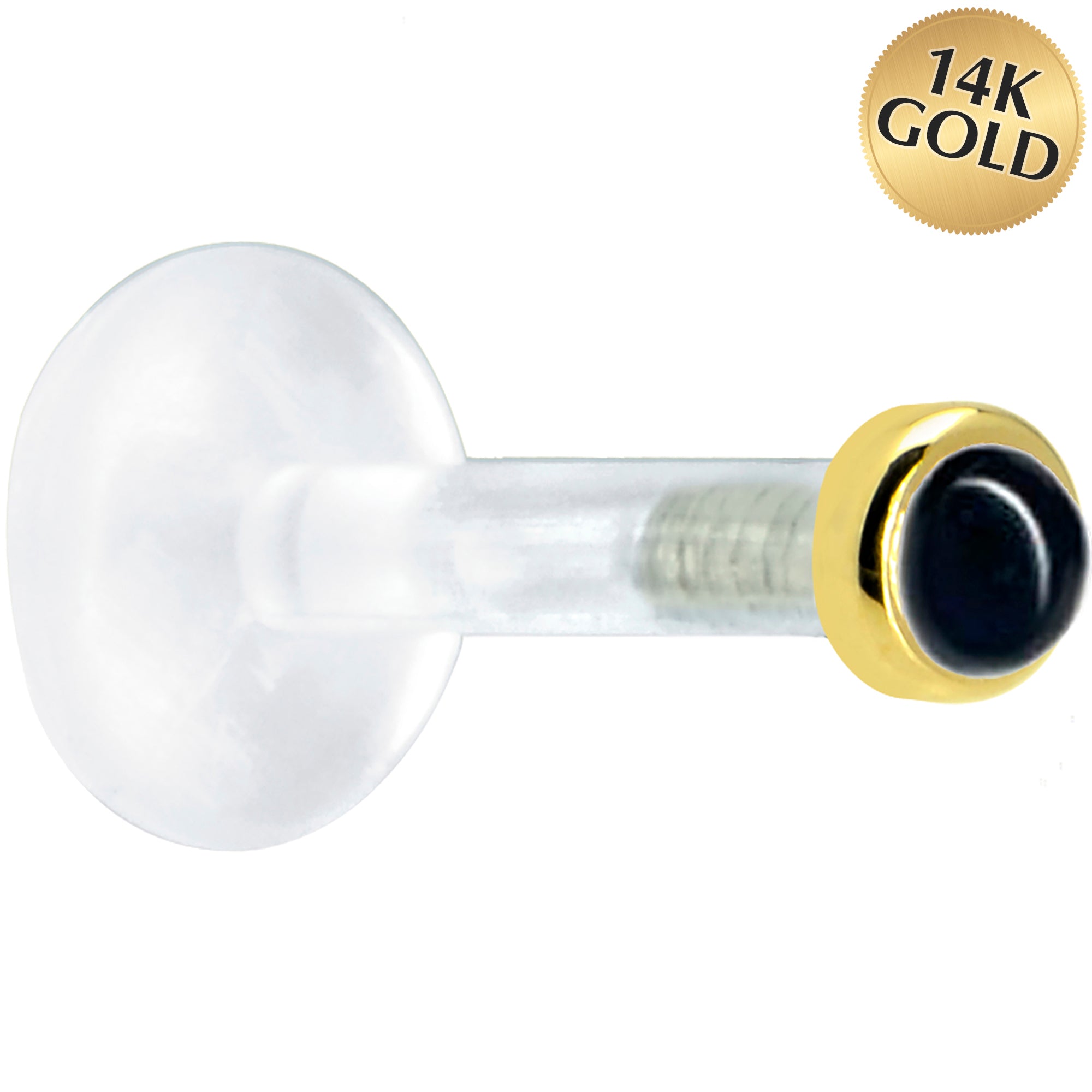 Solid 14KT Yellow Gold 2mm Genuine Onyx Bioplast Push in Labret