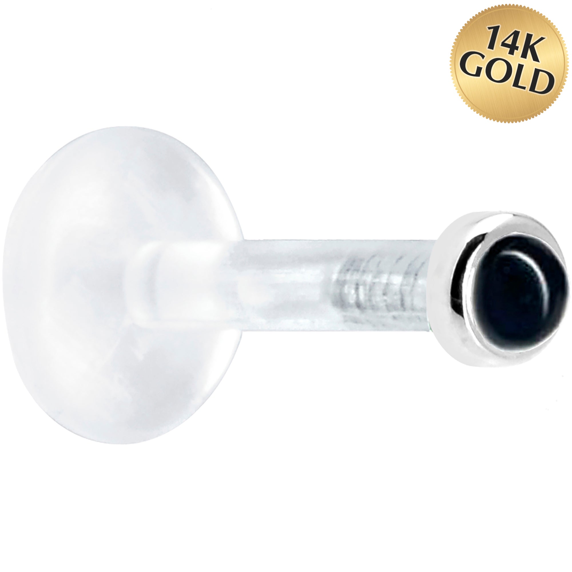 Solid 14KT White Gold 2mm Genuine Onyx Bioplast Push in Labret