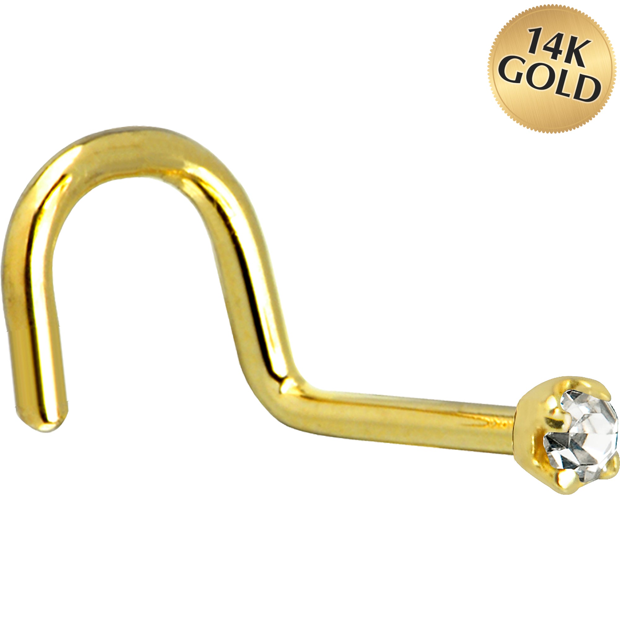 Solid 14KT Yellow Gold Nose Ring with 2mm Clear CZ Available in 18 Gauge