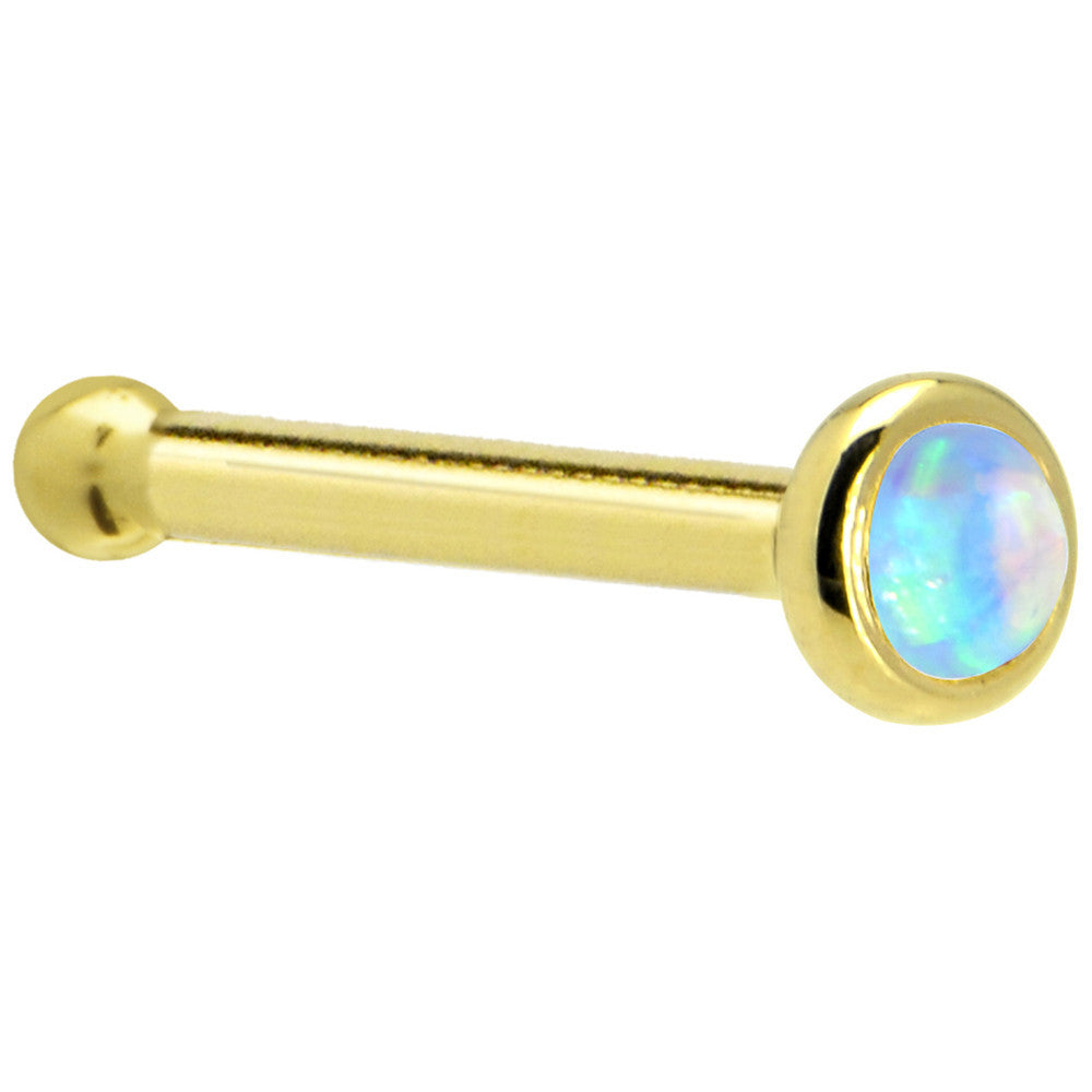 14KT Yellow Gold L-Shape 2mm Light Blue Synthetic Opal Nose Ring