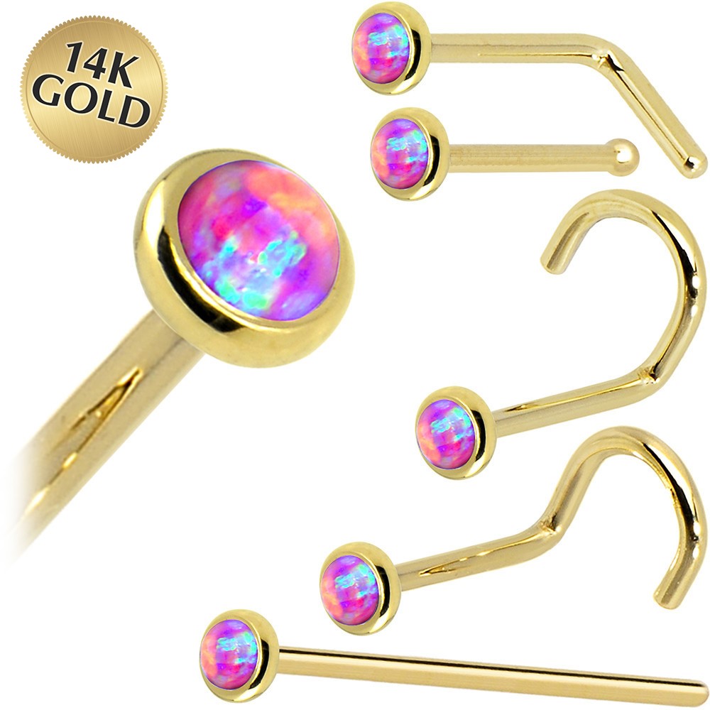 14KT Yellow Gold Fuchsia Synthetic Opal Nose Ring 2mm