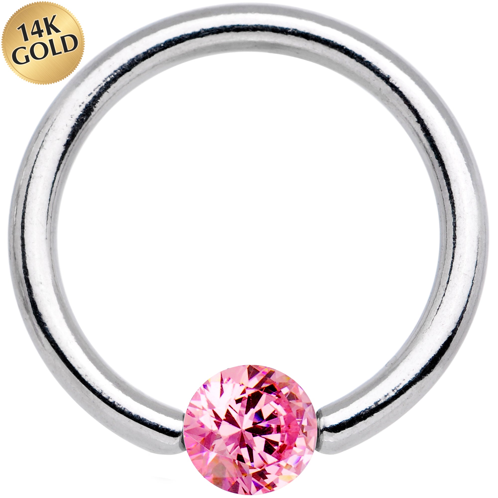 14 Gauge 3/8 Solid 14k White Gold 4mm Pink Cubic Zirconia Tension Captive Ring