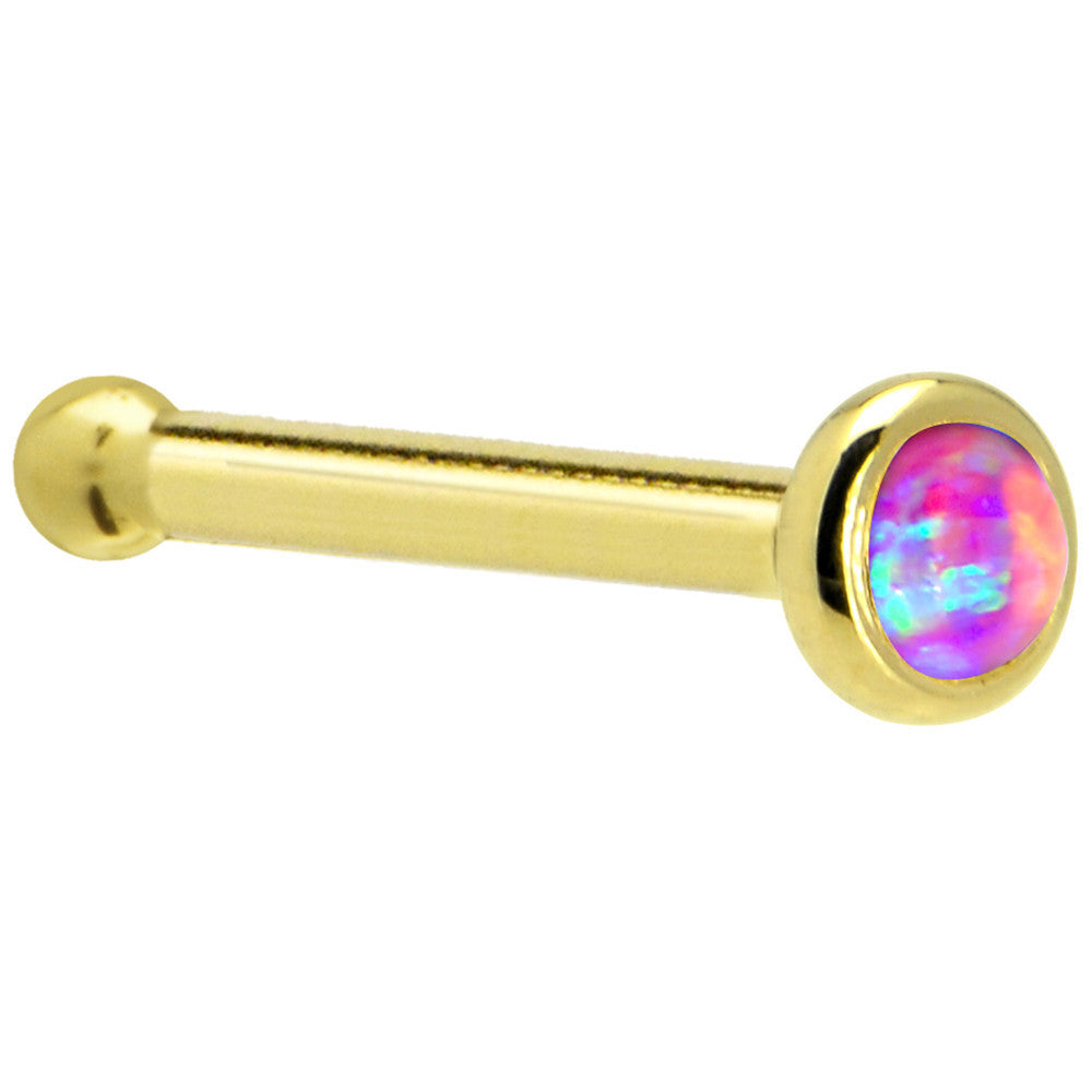 Solid 14KT Yellow Gold 2mm Fuchsia Synthetic Opal Nose Ring