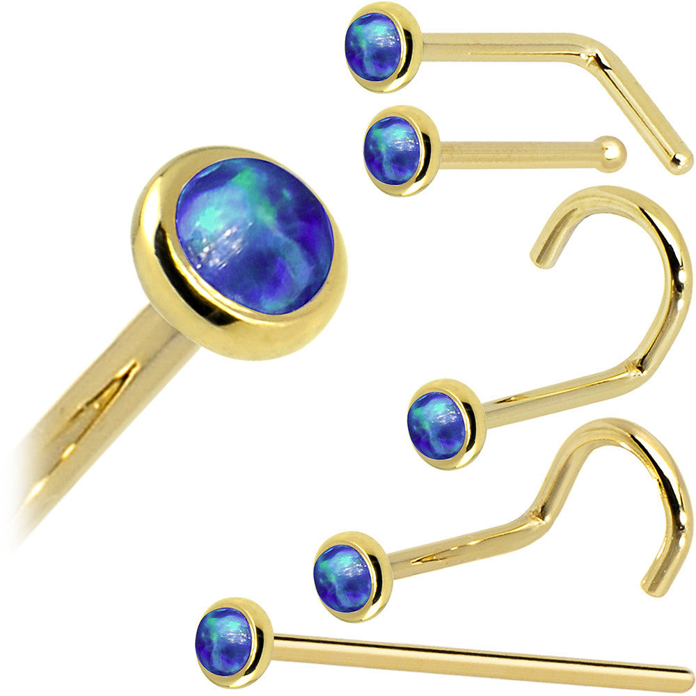 Solid 14K Yellow Gold 2mm Dark Blue Synthetic Opal Nose Ring