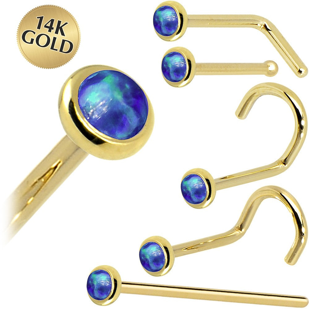 14KT Yellow Gold 2mm Dark Blue Synthetic Opal Nose Ring in 18 and 20 gauge