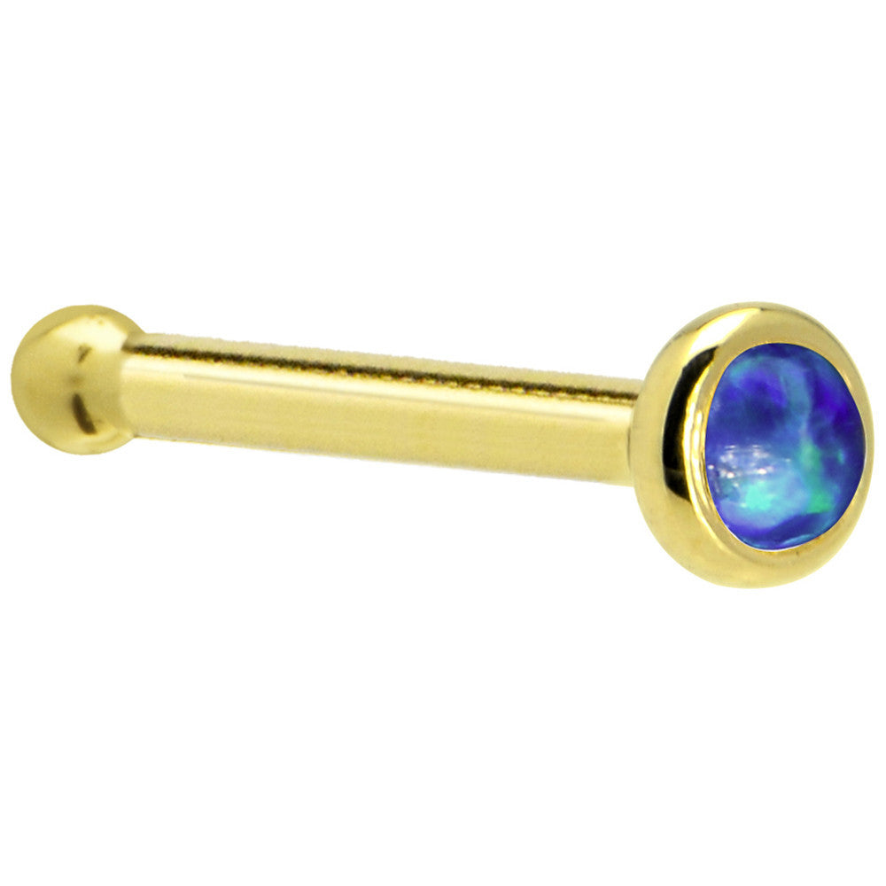 Solid 14KT Yellow Gold Dark Blue Synthetic Opal Nose Ring 18 and 20 gauge