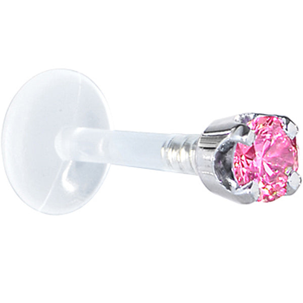 16 Gauge 1/4 Solid 14KT White Gold 3mm Pink Cubic Zirconia Bioplast Tragus Earring Stud