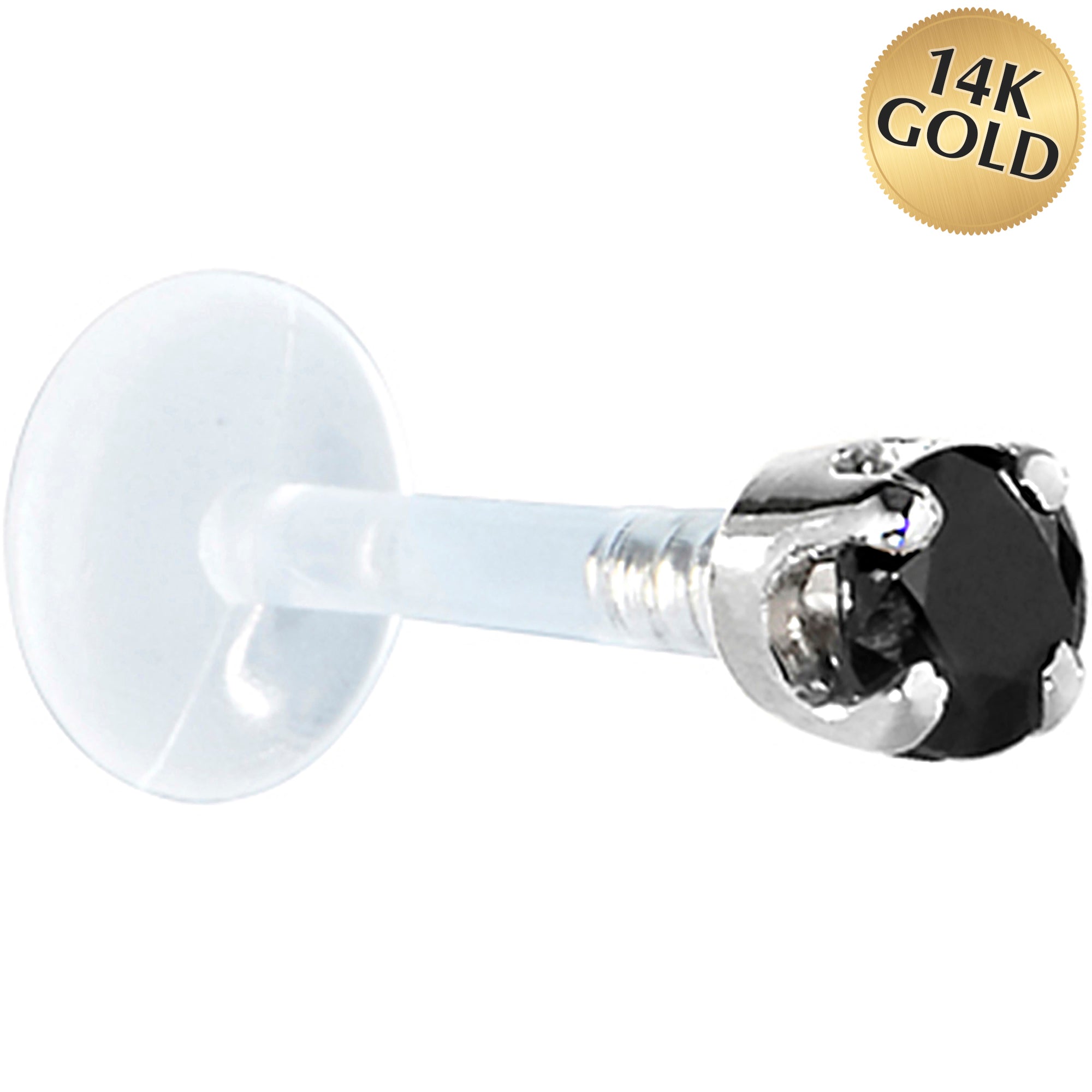 16 Gauge 1/4 Solid 14KT White Gold 3mm Black Cubic Zirconia Bioplast Tragus Earring Stud