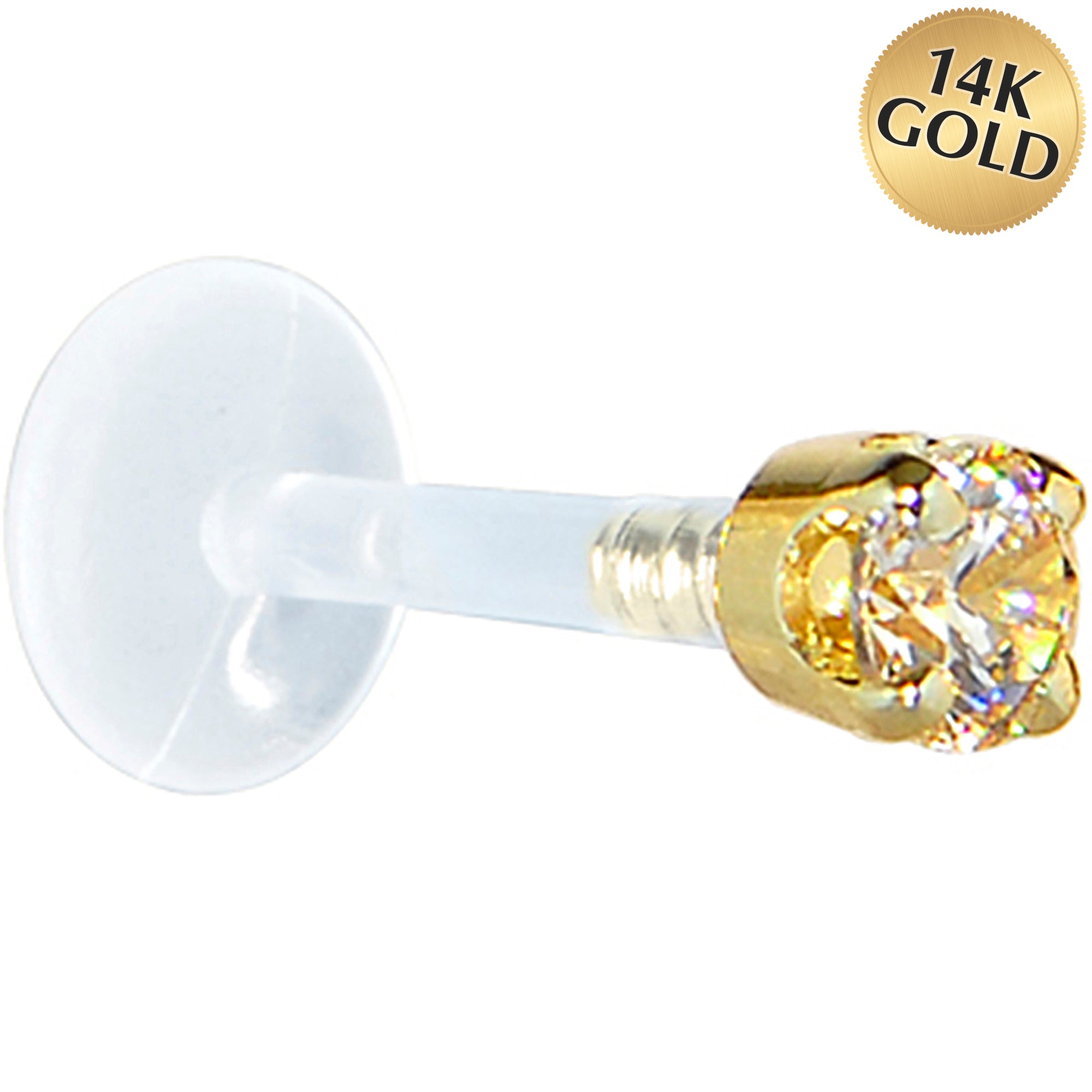 16 Gauge 1/4 Solid 14KT Yellow Gold 3mm Champagne Cubic Zirconia Bioplast Tragus Earring Stud