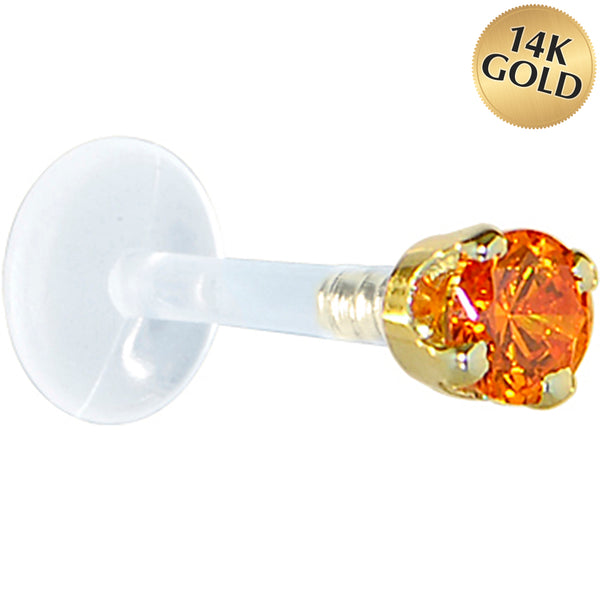 16 Gauge 1/4 Solid 14KT Yellow Gold 3mm Orange Cubic Zirconia Bioplast Tragus Earring Stud