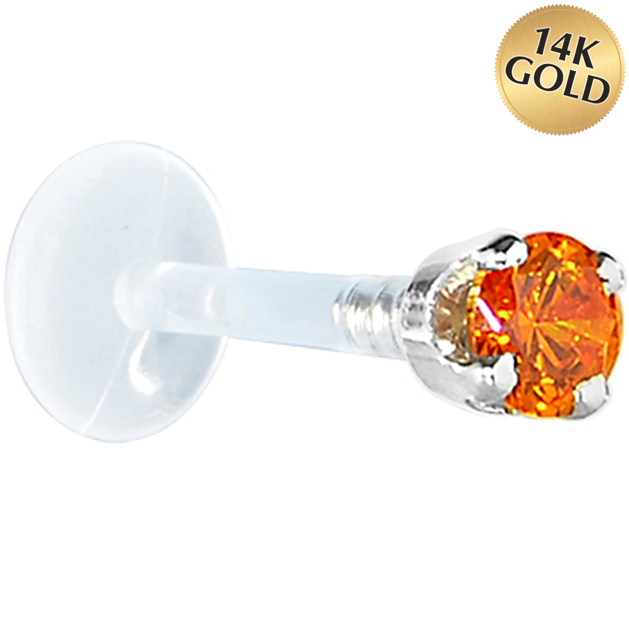 16G 1/4 Solid 14K White Gold 3mm Orange Cubic Zirconia Bioplast Tragus Earring Stud
