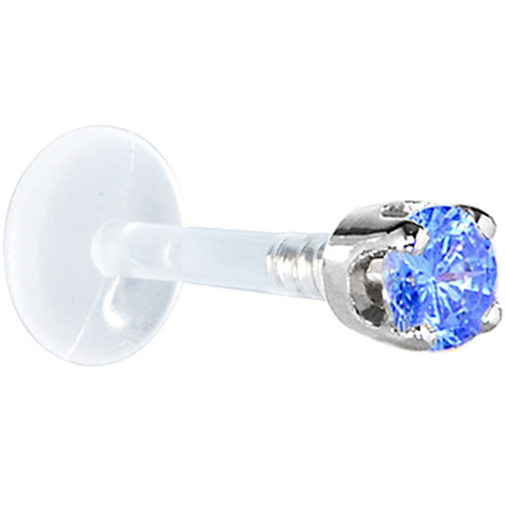 16 Gauge 1/4 Solid 14KT White Gold 3mm Arctic Blue Cubic Zirconia Bioplast Tragus Earring Stud