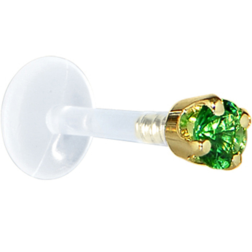 16G 1/4 Solid 14K Yellow Gold 3mm Green Cubic Zirconia Bioplast Tragus Earring Stud