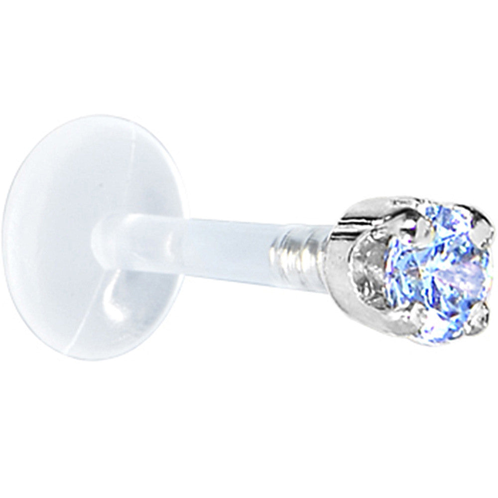 16 Gauge 1/4 Solid 14KT White Gold 3mm Plexi Blue Cubic Zirconia Bioplast Tragus Earring Stud