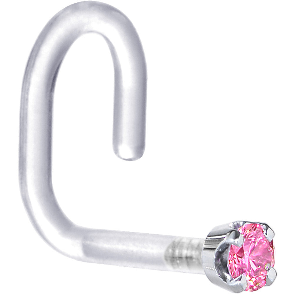 18G 1/4 White Gold 1.5mm Pink Cubic Zirconia Bioplast Nose Ring